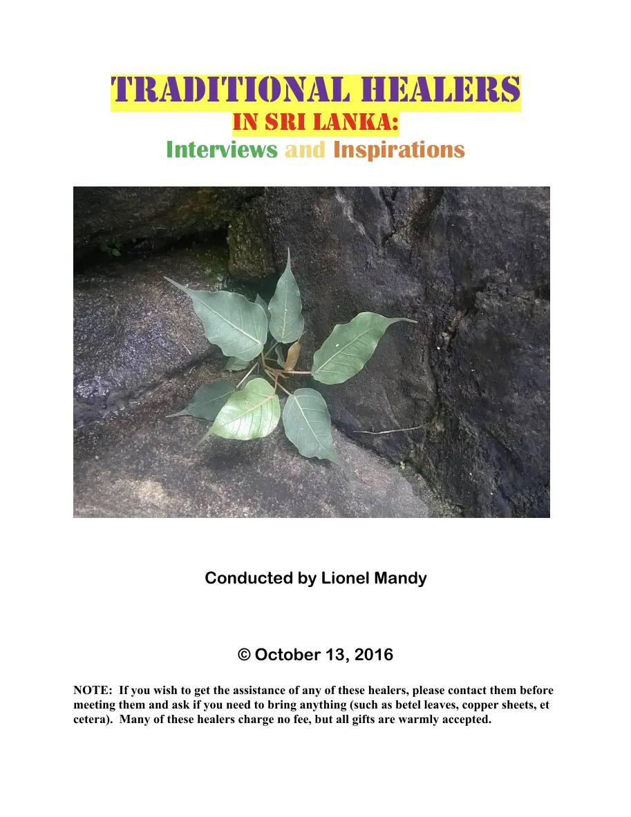Traditional Healers in Sri Lanka: Vol. 1